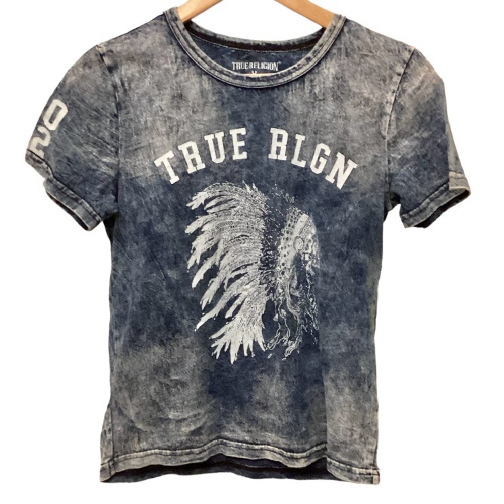 True Religion Youth Size Medium T Shirt Skull Native American Graphic Tee Blue
